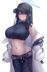 Rule 34 | 1girl, absurdres, baseball cap, belt, black belt, black gloves, black hair, black hat, black shirt, blue archive, blue eyes, breasts, buckle, chest harness, coat, crop top, gloves, gluteal fold, halo, harness, hat, highres, holster, knife, knife sheath, large breasts, long hair, looking at viewer, midriff, navel, open clothes, open coat, pants, saori (blue archive), sheath, shirt, sleeveless, sleeveless shirt, snap-fit buckle, solo, standing, stomach, thigh holster, thighs, tight clothes, tight pants, white coat, yuuki shuri