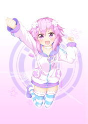 Rule 34 | 1girl, :d, absurdres, arm up, blush, choker, clenched hand, d-pad, d-pad hair ornament, full body, hair between eyes, hair ornament, hand up, highres, hood, hooded jacket, jacket, jumping, long sleeves, looking at viewer, medium hair, moesode i, neptune (neptunia), neptune (series), open mouth, purple background, purple eyes, purple hair, smile, solo, sparkling eyes, star (symbol), starry background, striped clothes, striped thighhighs, thighhighs, usb, white choker