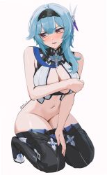Rule 34 | 1girl, :d, absurdres, adapted costume, bare arms, bare shoulders, black hairband, black thighhighs, blue hair, blush, bottomless, breasts, cleavage, commentary, eula (genshin impact), genshin impact, hairband, highres, large breasts, long hair, looking to the side, navel, nvl, open mouth, seiza, shirt, simple background, sitting, sleeveless, sleeveless shirt, smile, solo, stomach, thighhighs, thighs, white background, white shirt, yellow eyes
