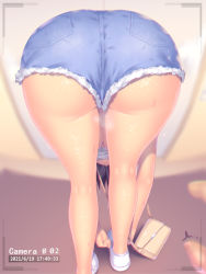 Rule 34 | 1girl, a.x., ass, ass focus, bad id, bad pixiv id, bent over, black hair, blurry, blurry background, breasts, cleavage, commentary request, dated, denim, denim shorts, from behind, highres, legs, original, pov, shoes, short shorts, shorts, solo, sweat, tying footwear, underboob, upshirt, white footwear