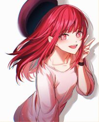 Rule 34 | + +, 1girl, :d, arima kana, beret, black hat, black wristband, breasts, collarbone, commentary request, cowboy shot, hand up, happy, hat, highres, light blush, light particles, long hair, looking at viewer, open mouth, oshi no ko, partial commentary, pink shirt, red eyes, red hair, rine natsu, shadow, shirt, sidelocks, simple background, small breasts, smile, solo, star (symbol), symbol-shaped pupils, symbol in eye, teeth, upper teeth only, v, white background, wristband