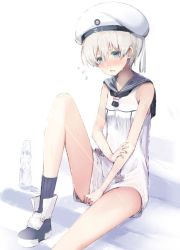 Rule 34 | 10s, 1girl, bare shoulders, blush, clothes pull, clothes writing, covering crotch, covering privates, flying sweatdrops, hat, kantai collection, open mouth, sailor collar, sailor hat, shirt pull, short hair, silver hair, simple background, sitting, sleeveless, solo, sumisu (mondo), white hat, z1 leberecht maass (kancolle)