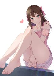 Rule 34 | 1girl, bare legs, bare shoulders, barefoot, between legs, blush, bow, breasts, brown hair, cleavage, collarbone, earrings, feet, female focus, frilled shirt, frills, green eyes, hair bow, hand between legs, heart, heart earrings, heart necklace, highres, idolmaster, idolmaster cinderella girls, idolmaster cinderella girls starlight stage, jewelry, long hair, looking at viewer, miyar2d2, nail polish, necklace, see-through, see-through sleeves, shibuya rin, shirt, single earring, sitting, solo, thighs