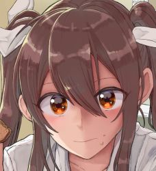 Rule 34 | 1girl, absurdres, blush, bow, brown eyes, brown hair, close-up, closed mouth, commentary request, embarrassed, eye focus, eyes visible through hair, food, food on face, hair between eyes, hair bow, highres, holding, holding food, kantai collection, long hair, looking at viewer, shirt, solo, tone (kancolle), twintails, white bow, white shirt, yami (m31)