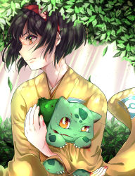 Rule 34 | 1girl, absurdres, black hair, blood, blood on hands, brown eyes, bulbasaur, claws, closed mouth, commentary request, creatures (company), day, erika (pokemon), game freak, gen 1 pokemon, gym leader, hairband, highres, injury, japanese clothes, kimono, leaf, light rays, long sleeves, looking to the side, metoro083, nintendo, orange eyes, pokemon, pokemon (creature), pokemon frlg, profile, red hairband, short hair, sunbeam, sunlight, sweat, upper body, v-shaped eyebrows, wide sleeves, yellow kimono