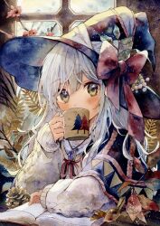 Rule 34 | 1girl, artist name, blue hat, book, bow, brown eyes, crossed bangs, cup, drinking, flower, flower request, hair between eyes, hair over shoulder, hat, hat bow, highres, holding, holding cup, jewelry, long hair, long sleeves, looking at viewer, mug, necklace, open book, original, painting (medium), pinecone, pink flower, red bow, red ribbon, ribbon, sleeves past wrists, solo, sweater, traditional media, unkempt, upper body, watercolor (medium), white hair, white sweater, window, witch, yuyuharu 1027