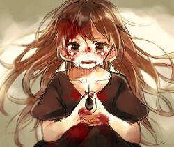 Rule 34 | 1girl, black dress, blood, blood in hair, blood on face, blood on hands, brown eyes, brown hair, crying, crying with eyes open, dress, holding, holding knife, knife, mashiro hiro, simple background, solo, tears
