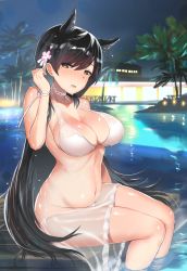 Rule 34 | 1girl, adjusting hair, animal ears, atago (azur lane), azur lane, bare shoulders, bikini, black hair, blurry, blurry background, blush, bracelet, breasts, choker, cleavage, collarbone, depth of field, extra ears, feet in water, flower, hair between eyes, hair flower, hair ornament, highres, house, jewelry, large breasts, long hair, looking at viewer, mole, mole under eye, navel, night, night sky, outdoors, palm tree, parted lips, partially submerged, ribbon, sarong, see-through, shiny skin, sidelocks, sitting, sky, solo, stomach, swept bangs, swimsuit, thighs, tree, unizou, very long hair, water, wet, white bikini, white choker, white ribbon, yellow eyes