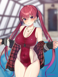 Rule 34 | 1girl, :o, blurry, blurry background, blush, breasts, covered navel, cowboy shot, earrings, hair between eyes, hair ribbon, heart, heart earrings, heart necklace, heterochromia, highres, hololive, houshou marine, indoors, jacket, jewelry, large breasts, long hair, necklace, off shoulder, one-piece swimsuit, open mouth, oshiruko (oshiruco 212048), pool, poolside, red eyes, red hair, rei no pool, ribbon, sleeves past wrists, solo, swimsuit, thigh gap, twintails, very long hair, virtual youtuber, water, whistle, whistle around neck, yellow eyes