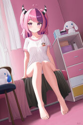 Rule 34 | 1girl, absurdres, barefoot, blush, feet, highres, horns, ironmouse, long hair, looking at viewer, pink eyes, pink hair, shirt, sitting, smile, t-shirt, toes, twintails, virtual youtuber, vshojo