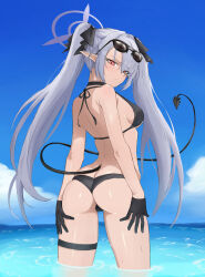 Rule 34 | 1girl, arms behind back, ass, bikini, black bikini, black gloves, black ribbon, blue archive, blush, breasts, butt crack, cowboy shot, demon girl, demon tail, eyewear on head, fangs (fangs art), from behind, frown, gloves, hair over one eye, hair ribbon, half-closed eyes, halo, hands on own thighs, highres, iori (blue archive), iori (swimsuit) (blue archive), long hair, looking at viewer, looking back, ocean, outdoors, ribbon, sideboob, slit pupils, small breasts, solo, staring, sunglasses, swimsuit, tail, thigh strap, thighs, twintails, very long hair, wading, wet, wet bikini, wet clothes