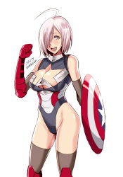Rule 34 | 1girl, :d, adapted costume, ahoge, alternate costume, armor, bare shoulders, black gloves, black thighhighs, blue leotard, blush, boots, breasts, brown eyes, captain america, captain america (cosplay), cleavage, cleavage cutout, clenched hand, clothing cutout, cosplay, cowboy shot, elbow gloves, fate/grand order, fate (series), female focus, gauntlets, gloves, greaves, hair over one eye, happy, highleg, highleg leotard, holding, holding shield, knee boots, large breasts, legs, leotard, light purple hair, lips, looking at viewer, marvel, mash kyrielight, mashu kyrielite, multicolored leotard, open mouth, purple eyes, red gauntlets, red greaves, round teeth, shibusun, shield, short hair, simple background, sleeveless, sleeveless leotard, smile, solo, standing, teeth, thighhighs, trait connection, twitter username, type-moon, weapon connection, white background