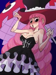 Rule 34 | 1girl, angry, annoyed, black dress, black eyes, blush, breasts, cleavage, dress, eyelashes, flower, frilled dress, frills, hat, highres, hime cut, holding, holding clothes, holding hat, holding umbrella, large breasts, long hair, one piece, open mouth, perona, pink hair, pinky out, podrace explode, red lips, rose, simple background, solo, strapless, strapless dress, top hat, umbrella, white flower, white rose