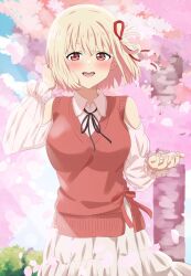 Rule 34 | 1girl, :d, black ribbon, blonde hair, blush, bob cut, cherry blossoms, clothing cutout, collared dress, commentary request, dars (recolors), dress, hair ribbon, hand up, highres, long sleeves, looking at viewer, lycoris recoil, neck ribbon, nishikigi chisato, open mouth, red eyes, red ribbon, red sweater vest, ribbon, short hair, shoulder cutout, smile, solo, sweater vest, teeth, tree, upper teeth only, white dress, white hair