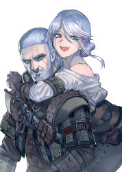 Rule 34 | 1boy, 1girl, :d, armor, arms around neck, bare shoulders, beard, ciri, commentary request, corset, facial hair, geralt of rivia, gloves, green eyes, grey background, grey hair, grey shirt, highres, hug, leaning forward, leather armor, looking at viewer, open mouth, orange eyes, scar, scar across eye, scar on face, shirt, simple background, smile, the witcher (series), the witcher 3, upper body, v, walzrj, white background