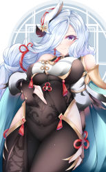 Rule 34 | 1921494015, 1girl, absurdres, black bodysuit, black gloves, blue background, blue eyes, blush, bodysuit, braid, breast curtain, breasts, chinese commentary, closed mouth, clothing cutout, covered navel, cowboy shot, earrings, flower knot, genshin impact, gloves, gold trim, hair between eyes, hair ornament, hair over one eye, highres, hip vent, jewelry, large breasts, long hair, looking at viewer, low-braided long hair, low-tied long hair, parted bangs, partially fingerless gloves, rope, shenhe (genshin impact), shoulder cutout, silver hair, simple background, skin tight, smile, solo, spread navel, tassel, tassel earrings, white background