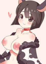 Rule 34 | 1girl, absurdres, animal ears, black hair, blush, breasts, collar, heart, highres, inverted nipples, jacket, large breasts, looking at viewer, nipples, open clothes, shiny skin, short hair, simple background, smile, solo, upper body