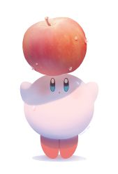 Rule 34 | 1boy, :o, apple, artist name, ayu (mog), balancing on head, blue eyes, food, food on head, fruit, full body, kirby, kirby (series), male focus, nintendo, object on head, open mouth, shadow, solo, sweat, tiptoes, wet, white background