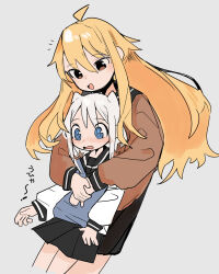 Rule 34 | 2girls, @ @, absurdres, aged up, ahoge, black sailor collar, black skirt, blonde hair, blue eyes, blush, brown eyes, brown shirt, commentary request, cropped legs, grey background, grey vest, hair horns, height difference, highres, hug, hug from behind, long hair, long sleeves, looking at another, looking down, multiple girls, nebano2, nose blush, notice lines, null-meta, open mouth, pleated skirt, sailor collar, school uniform, serafuku, shirt, sidelocks, simple background, skirt, smile, takada shiyuki, translation request, uozumi kurumi, vest, wavy mouth, white hair