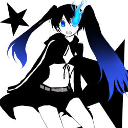 Rule 34 | 10s, 1girl, bad id, bad pixiv id, black hair, black rock shooter, black rock shooter (character), blue eyes, hatsune miku, kino hazuki, long hair, midriff, monochrome, shorts, simple background, solo, spot color, twintails, uneven twintails, vocaloid