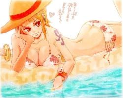 Rule 34 | 1girl, alternate costume, arm tattoo, back, bare back, bikini, breasts, butt crack, cleavage, feet out of frame, feet up, floral print, hand in water, hat, heart, large breasts, log pose, looking at viewer, lowleg, lowleg bikini, lowres, lying, matching hair/eyes, nami (one piece), nose, on stomach, one piece, orange eyes, orange hair, short hair, side-tie bikini bottom, smile, solo, spoken heart, straw hat, swimsuit, sword, tagme, tattoo, tsurime, upper body, water, weapon, white background