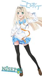 Rule 34 | 1girl, black thighhighs, blonde hair, cosplay, drawfag, female focus, full body, green eyes, kantai collection, kirisaki chitoge (cosplay), long hair, looking at viewer, nisekoi, school uniform, shoes, simple background, solo, thighhighs, third-party edit, v, white background, yuudachi (kancolle)