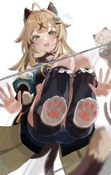 Rule 34 | 1girl, ahoge, animal ears, animal hands, black choker, black tank top, bow, brown bow, brown tank top, cat, cat ears, cat feet, cat girl, cat paws, cat tail, choker, coat, collared vest, crop top, detached sleeves, double-parted bangs, from above, genshin impact, green eyes, hair between eyes, highres, kirara (genshin impact), light brown hair, long hair, looking at viewer, loose socks, multiple tails, nekomata, nima (niru54), open mouth, simple background, sleeveless, sleeveless coat, socks, solo, tail, tank top, two tails, vest, white background