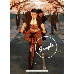 Rule 34 | 2boys, bicycle, black hair, brown coat, brown eyes, brown footwear, brown pants, buzz cut, chengongzi123, cherry blossoms, closed eyes, closed mouth, coat, collared shirt, commentary, couple, dark-skinned male, dark skin, english commentary, facial hair, full body, goatee stubble, golden kamuy, highres, hug, hug from behind, koito otonoshin, looking to the side, male focus, multiple boys, outdoors, pants, parted lips, riding, riding bicycle, road, sample watermark, shirt, short hair, sitting, stubble, tree, tsukishima hajime, very short hair, watermark, white shirt, yaoi