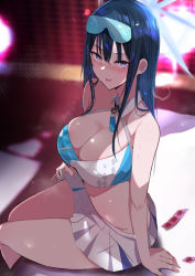 Rule 34 | 1girl, bare shoulders, black hair, blue archive, blue eyes, blush, breasts, cheerleader, cleavage, cosplay, crop top, halo, highres, large breasts, long hair, looking at viewer, millennium cheerleader outfit (blue archive), miniskirt, muoto, pleated skirt, saori (blue archive), skirt, solo, steam, sweat, white skirt