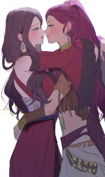 Rule 34 | 2girls, absurdres, arms around waist, blush, braid, brown hair, couple, dorothea arnault, dress, eye contact, fire emblem, fire emblem: three houses, frilled sleeves, frills, highres, hug, imminent kiss, l uyp, long hair, looking at another, multiple girls, nintendo, petra macneary, ponytail, simple background, very long hair, wide sleeves, yuri