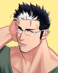 Rule 34 | 1boy, bara, black hair, cigarette, fle0423, glasses, green shirt, hand on own head, highres, lip piercing, long sideburns, looking at viewer, male focus, mature male, mole, mole under eye, motion lines, muscular, muscular male, original, piercing, portrait, shirt, short hair, sideburns, solo, upper body, white hair, yellow eyes