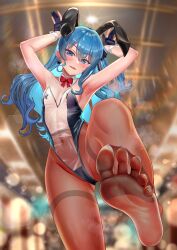 Rule 34 | 1girl, absurdres, animal ears, armpits, black gloves, black leotard, black pantyhose, blue eyes, blue hair, bow, bowtie, breasts, colored inner hair, covered erect nipples, detached collar, fake animal ears, foreshortening, gloves, hair between eyes, highleg, highleg leotard, highres, hololive, hoshimachi suisei, jagoo, leotard, medium hair, meme attire, multicolored hair, navel, one side up, open mouth, pantyhose, partially fingerless gloves, playboy bunny, rabbit ears, rabbit pose, red bow, red bowtie, see-through, see-through leotard, small breasts, solo, star (symbol), star in eye, star sticker, strapless, strapless leotard, symbol in eye, translucent bunnysuit, virtual youtuber, wrist cuffs
