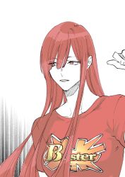 Rule 34 | 1girl, buster shirt, collarbone, fate/grand order, fate (series), hair between eyes, hand up, highres, long hair, looking to the side, oda nobunaga (fate), oda nobunaga (maou avenger) (fate), parted lips, red eyes, red hair, red shirt, red theme, shirt, simple background, solo, t-shirt, upper body, urup zzz, white background