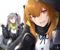 Rule 34 | aiming, aiming at viewer, armband, bad id, bad pixiv id, black bow, black gloves, black legwear, black ribbon, blush, bow, breasts, brown eyes, brown hair, closed eyes, closed mouth, commentary request, crossed bangs, dabuki, fingerless gloves, from above, girls&#039; frontline, gloves, grey hair, grey skirt, gun, h&amp;k ump, hair between eyes, hair bow, hair ornament, hairclip, hands up, head tilt, heckler &amp; koch, highres, holding, holding gun, holding weapon, hood, hood down, hooded jacket, jacket, leaning in, long hair, looking at viewer, multiple girls, neck ribbon, no shoes, one side up, pantyhose, pleated skirt, pov, ribbon, scar, scar across eye, scar on face, scarf, shirt, skirt, smile, submachine gun, twintails, ump45 (girls&#039; frontline), ump9 (girls&#039; frontline), weapon, white shirt