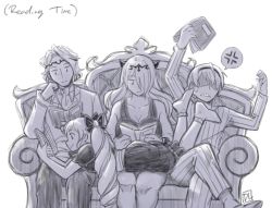 Rule 34 | 2boys, 2girls, anger vein, artist name, book, brother and sister, brothers, camilla (fire emblem), couch, dlanon, elise (fire emblem), english text, fire emblem, fire emblem fates, greyscale, hair over one eye, leo (fire emblem), long hair, lying, monochrome, multiple boys, multiple girls, nintendo, on stomach, open book, purple theme, reading, shaded face, siblings, sisters, sitting, smile, spoken anger vein, xander (fire emblem)
