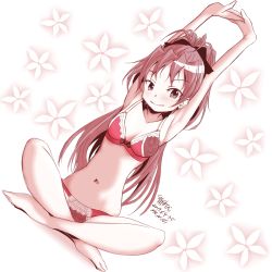 Rule 34 | 1girl, 2019, armpits, arms up, artist name, blush, bra, breasts, cleavage, dated, dutch angle, floral background, groin, indian style, mahou shoujo madoka magica, mahou shoujo madoka magica (anime), mr nini, navel, panties, pink bra, pink eyes, pink hair, pink panties, sakura kyoko, sitting, small breasts, smile, solo, stretching, twitter username, underwear, underwear only