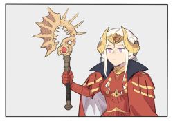 Rule 34 | 1girl, axe, blonde hair, blue eyes, breasts, cape, crown, edelgard von hresvelg, fire emblem, fire emblem: three houses, gloves, hair ornament, horns, long hair, looking at viewer, maiqo, nintendo, red cape, simple background, solo, weapon, white background