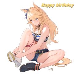 Rule 34 | 1girl, absurdres, asymmetrical footwear, bandeau, bare arms, bare legs, bare shoulders, belt, black belt, black choker, black footwear, blonde hair, blue eyes, boots, breasts, choker, cleavage, commentary request, da-cart, denim, denim shorts, gold city (umamusume), happy birthday, high heel boots, high heels, highres, knee up, long hair, looking at viewer, midriff, mismatched footwear, short shorts, shorts, simple background, solo, strapless, striped bandeau, thighs, tube top, umamusume, very long hair, white background, white footwear