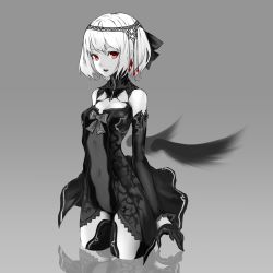 Rule 34 | 1girl, :d, bad id, bad pixiv id, black dress, black gloves, breasts, cancell, cleavage, covered navel, detached sleeves, dress, gloves, jewelry, looking at viewer, midriff, open mouth, original, pale skin, red eyes, short hair, small breasts, smile, solo, teeth, white hair