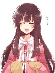 Rule 34 | 1girl, 6 (yuchae), black hair, blush, closed eyes, facing viewer, houraisan kaguya, japanese clothes, long hair, open mouth, own hands together, sleeves past wrists, smile, solo, touhou, translated