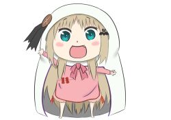 Rule 34 | 1girl, :d, blue eyes, cape, chibi, fang, hat, himouto! umaru-chan, hood, little busters!, long hair, looking at viewer, noumi kudryavka, open mouth, pajamas, parody, simple background, smile, solo