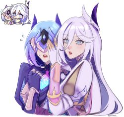 Rule 34 | 2girls, blue eyes, chibi, chibi inset, colored inner hair, commentary, cowering, english commentary, gloves, hair between eyes, hare (honkai impact), highres, honkai (series), honkai impact 3rd, honkai impact 3rd sticker redraw (meme), long hair, mask, meme, multicolored hair, multiple girls, nico (yuuneii), open mouth, simple background, sweatdrop, teeth, twitter username, upper teeth only, white background, white gloves, white hair, white sleeves