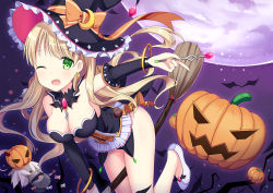 Rule 34 | 1girl, ;d, amemiya ruki, bare shoulders, blonde hair, breasts, broom, broom riding, candy, commentary request, corset, detached collar, detached sleeves, earrings, food, full moon, green eyes, halloween, hat, hat ribbon, highres, jack-o&#039;-lantern, jewelry, large breasts, long hair, looking at viewer, moon, one eye closed, open mouth, original, pumpkin, ribbon, shoes, smile, solo, star (symbol), star earrings, wand, white footwear, witch hat