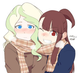 Rule 34 | 2girls, ;d, blonde hair, blue eyes, blush, breath, brown hair, cheek-to-cheek, coat, dated, diana cavendish, facing viewer, heads together, kagari atsuko, little witch academia, multiple girls, one eye closed, one side up, open mouth, plaid, plaid scarf, red eyes, scarf, shared clothes, shared scarf, signature, smile, tsukudani (coke-buta), winter clothes, winter coat
