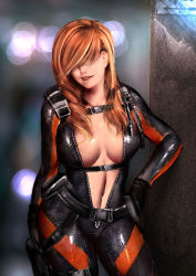Rule 34 | 1girl, belt, blonde hair, bodysuit, breasts, capcom, cleavage, collarbone, diving suit, formal, hair over eyes, hand on own hip, highres, hip focus, large breasts, legs, lips, midriff, navel, no bra, open suit, orion-m, rachael foley, resident evil, resident evil: revelations, skin tight, solo, suit, unzipped, wetsuit