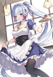 Rule 34 | 1girl, alternate costume, apron, ayaka (genshin impact), black thighhighs, blue eyes, blunt tresses, blush, breasts, cleavage, cup, detached collar, dress, enmaided, feet out of frame, frilled apron, frilled dress, frills, genshin impact, harimoji, highres, holding, holding plate, long hair, looking at viewer, maid, maid headdress, medium breasts, parted lips, plate, ponytail, purple dress, saucer, short sleeves, skirt hold, smile, solo, standing, tail, teacup, thighhighs, underbust, very long hair, white apron, white hair
