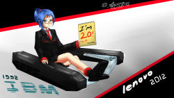 Rule 34 | 1girl, absurdres, anomonny, artist name, bad id, bad pixiv id, blue hair, closed mouth, dated, eyebrows, female focus, formal, glasses, green eyes, highres, ibm, long hair, long sleeves, looking at viewer, necktie, pencil skirt, personification, ponytail, red-framed eyewear, sitting, skirt, solo, suit, thinkpad