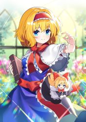 Rule 34 | 2girls, alice margatroid, apron, ascot, black dress, blonde hair, blue dress, blue eyes, book, capelet, closed mouth, doll, dress, frilled ascot, frilled sash, frills, grimoire of alice, hairband, happy, highres, holding, holding book, holding weapon, lance, lolita hairband, long dress, long hair, mini person, minigirl, multiple girls, open mouth, outdoors, polearm, puffy short sleeves, puffy sleeves, puppet strings, red hairband, ribbon, sash, shanghai doll, short hair, short sleeves, smile, touhou, waist apron, weapon, white capelet, yuujin (yuzinn333)
