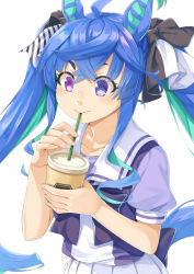 Rule 34 | 1girl, @ @, ahoge, animal ears, aqua hair, black bow, blue eyes, blue hair, bow, collarbone, commentary request, cup, disposable cup, drinking straw, hair between eyes, hair bow, heterochromia, holding, holding cup, horse ears, horse girl, horse tail, miri (ago550421), multicolored hair, pleated skirt, puffy short sleeves, puffy sleeves, purple bow, purple eyes, purple shirt, school uniform, shirt, short sleeves, simple background, skirt, solo, tail, thick eyebrows, tracen school uniform, twin turbo (umamusume), twintails, two-tone hair, umamusume, white background, white skirt
