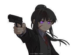 Rule 34 | 1girl, black hair, black jacket, blood, blood on face, chinese commentary, closed mouth, collared shirt, commentary request, glaring, grey vest, gun, handgun, highres, holding, holding gun, holding weapon, inoue takina, jacket, long hair, long sleeves, looking at viewer, lycoris recoil, necktie, ponytail, purple eyes, red necktie, shirt, simple background, solo, suit jacket, sunglasses, upper body, vest, waistcoat, weapon, white background, white shirt, yanlingjinshilihuahua